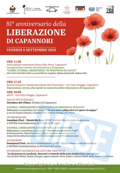 IL PROGRAMNMA DEGLI EVENTI PER LA CELEBRAZIONE DELL’81° ANNIVERSARIO DELLA LIBERAZIONE DI CAPANNORI 